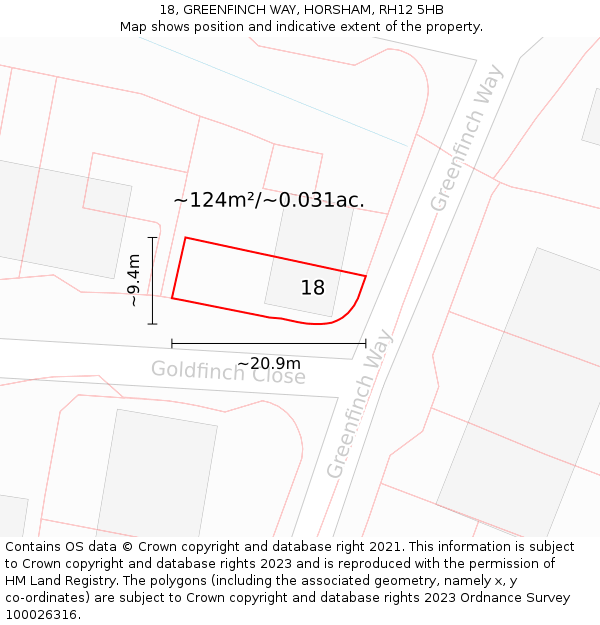 18, GREENFINCH WAY, HORSHAM, RH12 5HB: Plot and title map