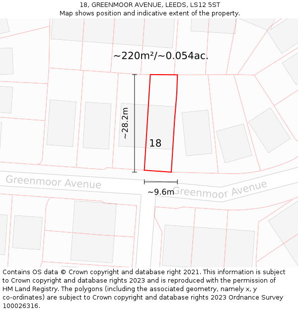 18, GREENMOOR AVENUE, LEEDS, LS12 5ST: Plot and title map