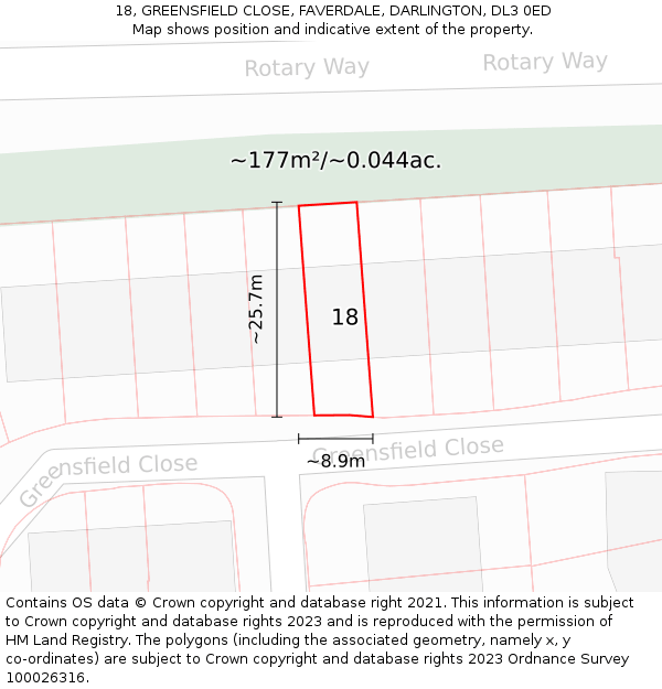 18, GREENSFIELD CLOSE, FAVERDALE, DARLINGTON, DL3 0ED: Plot and title map