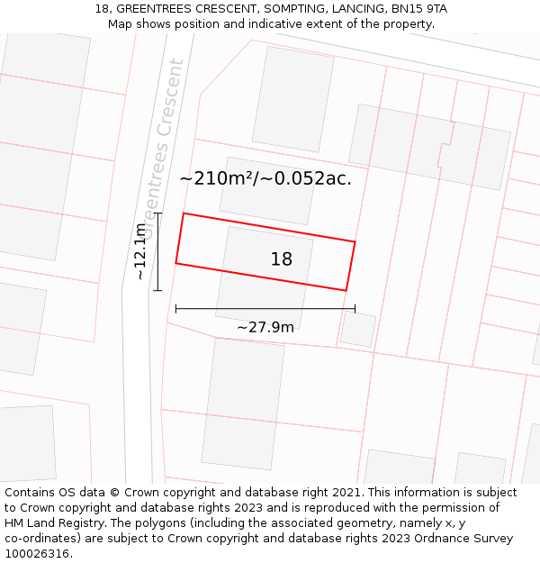 18, GREENTREES CRESCENT, SOMPTING, LANCING, BN15 9TA: Plot and title map