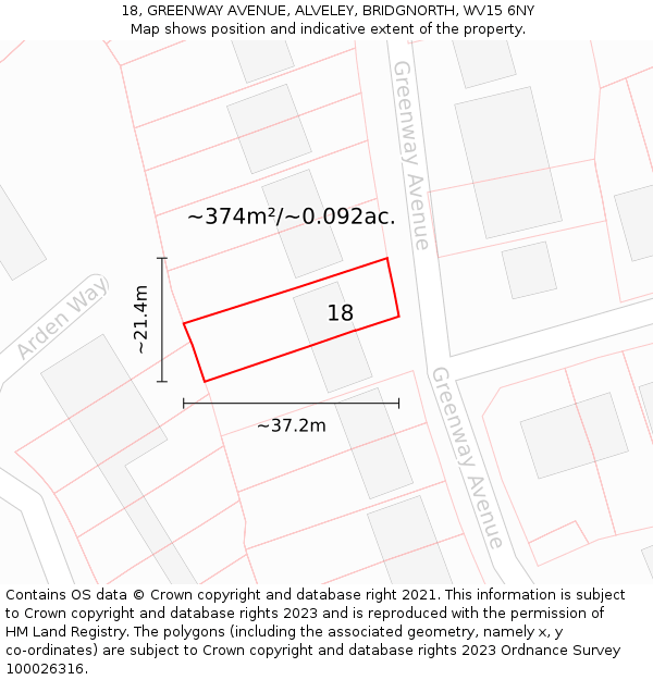 18, GREENWAY AVENUE, ALVELEY, BRIDGNORTH, WV15 6NY: Plot and title map
