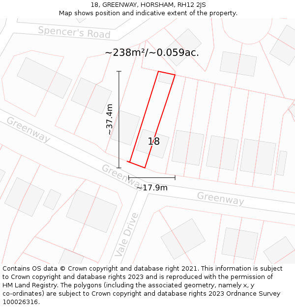 18, GREENWAY, HORSHAM, RH12 2JS: Plot and title map