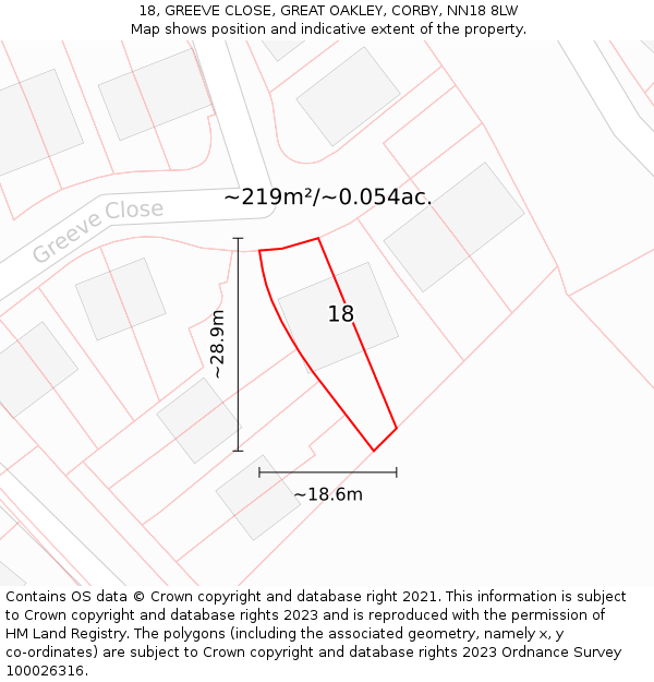 18, GREEVE CLOSE, GREAT OAKLEY, CORBY, NN18 8LW: Plot and title map
