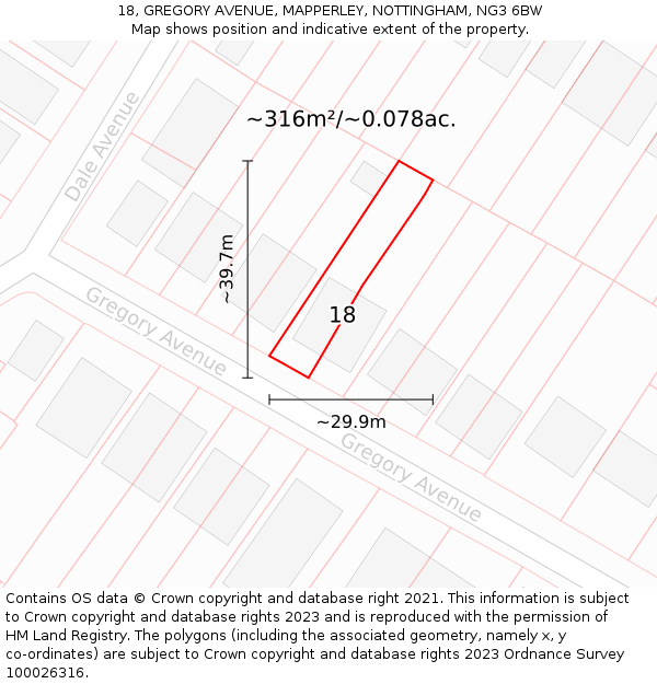 18, GREGORY AVENUE, MAPPERLEY, NOTTINGHAM, NG3 6BW: Plot and title map