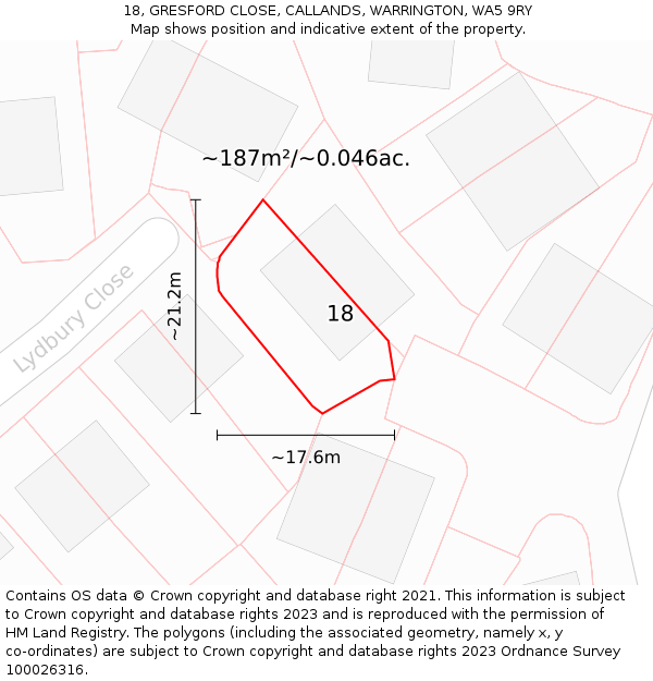 18, GRESFORD CLOSE, CALLANDS, WARRINGTON, WA5 9RY: Plot and title map