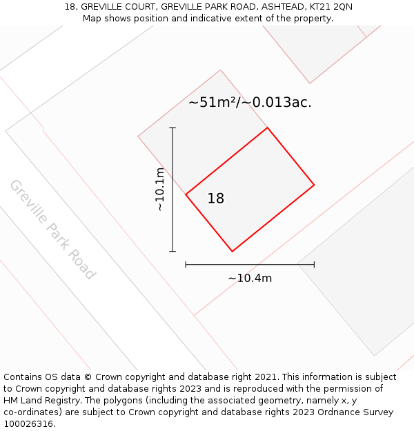 18, GREVILLE COURT, GREVILLE PARK ROAD, ASHTEAD, KT21 2QN: Plot and title map