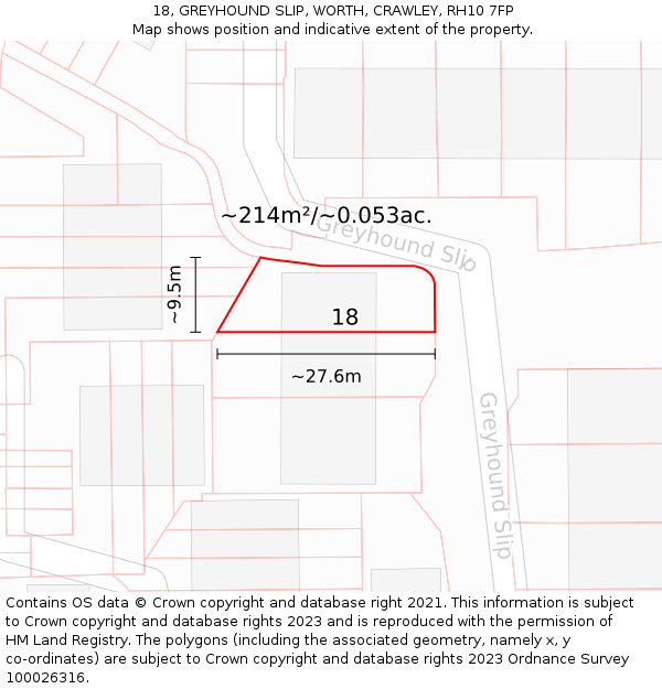 18, GREYHOUND SLIP, WORTH, CRAWLEY, RH10 7FP: Plot and title map