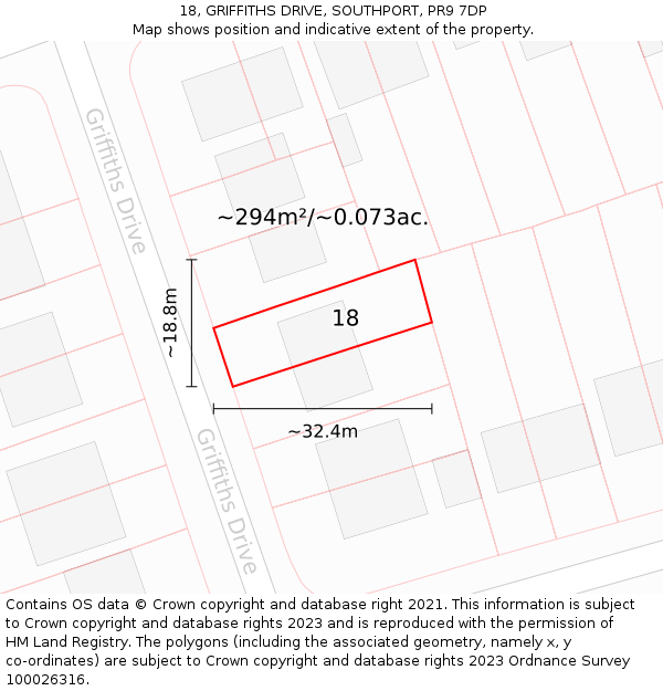 18, GRIFFITHS DRIVE, SOUTHPORT, PR9 7DP: Plot and title map