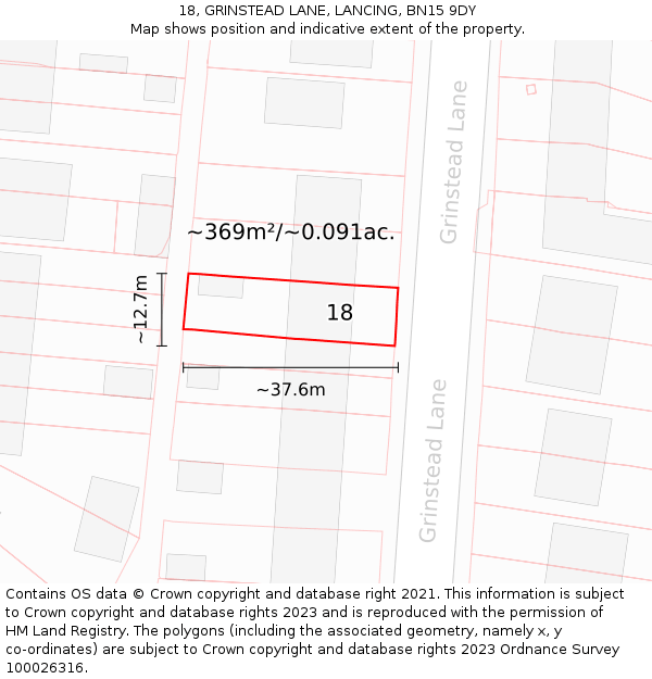 18, GRINSTEAD LANE, LANCING, BN15 9DY: Plot and title map