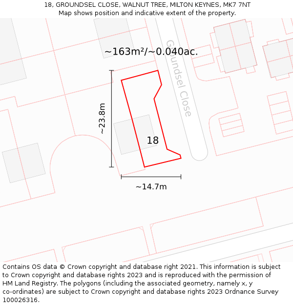 18, GROUNDSEL CLOSE, WALNUT TREE, MILTON KEYNES, MK7 7NT: Plot and title map