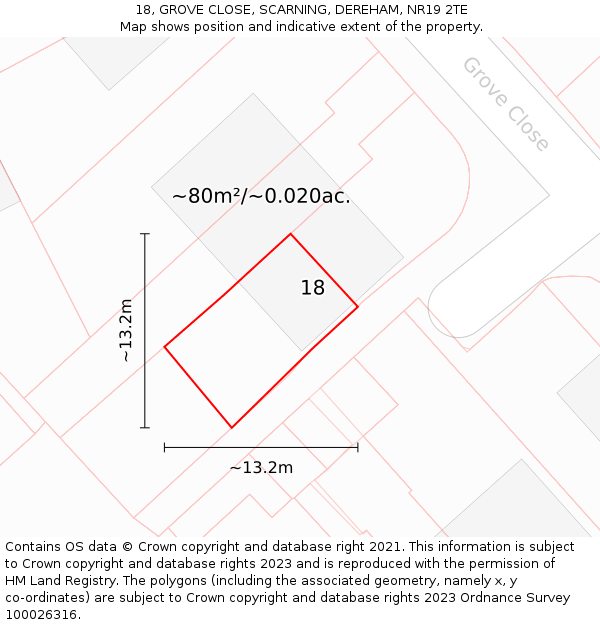 18, GROVE CLOSE, SCARNING, DEREHAM, NR19 2TE: Plot and title map