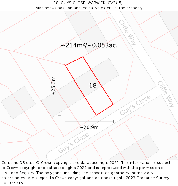 18, GUYS CLOSE, WARWICK, CV34 5JH: Plot and title map