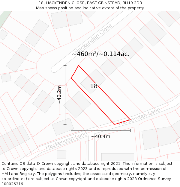 18, HACKENDEN CLOSE, EAST GRINSTEAD, RH19 3DR: Plot and title map