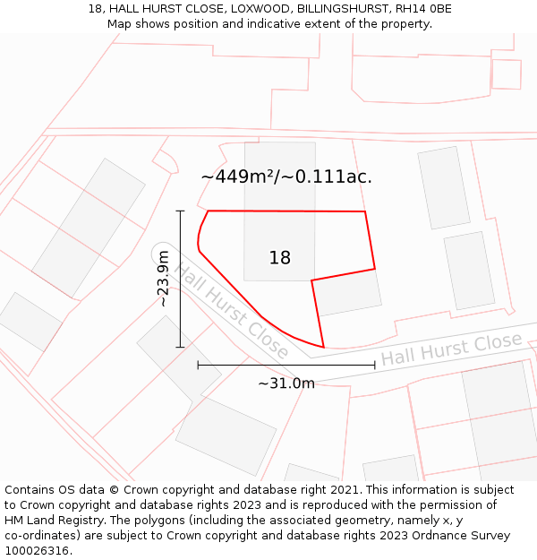 18, HALL HURST CLOSE, LOXWOOD, BILLINGSHURST, RH14 0BE: Plot and title map