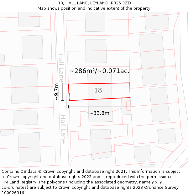 18, HALL LANE, LEYLAND, PR25 3ZD: Plot and title map