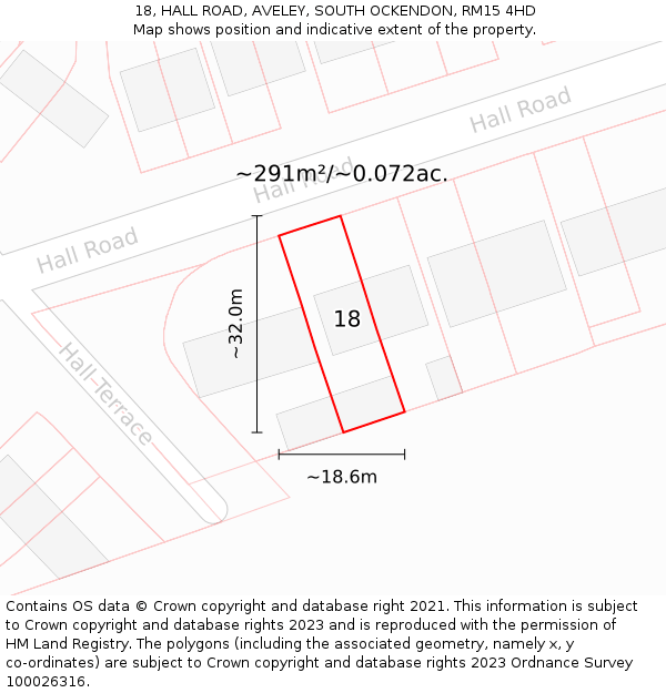 18, HALL ROAD, AVELEY, SOUTH OCKENDON, RM15 4HD: Plot and title map