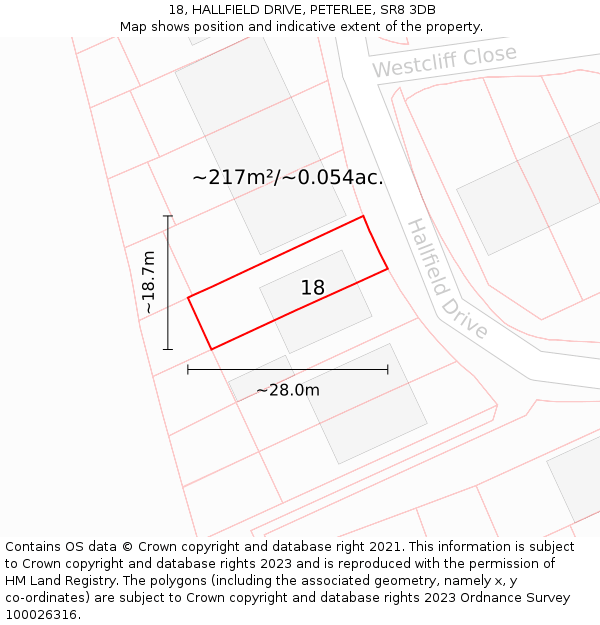 18, HALLFIELD DRIVE, PETERLEE, SR8 3DB: Plot and title map