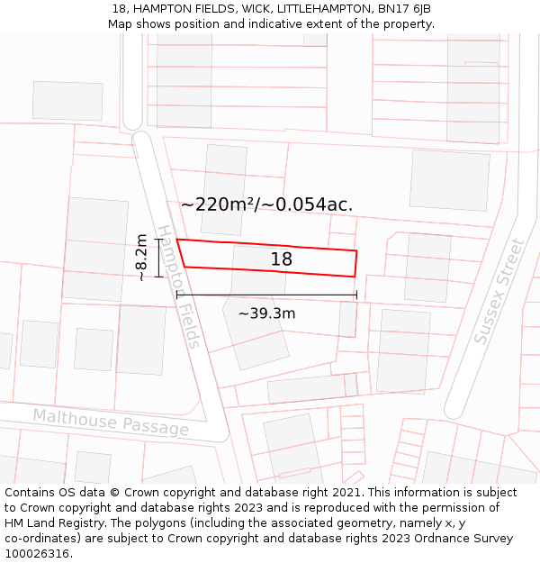 18, HAMPTON FIELDS, WICK, LITTLEHAMPTON, BN17 6JB: Plot and title map