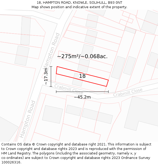 18, HAMPTON ROAD, KNOWLE, SOLIHULL, B93 0NT: Plot and title map