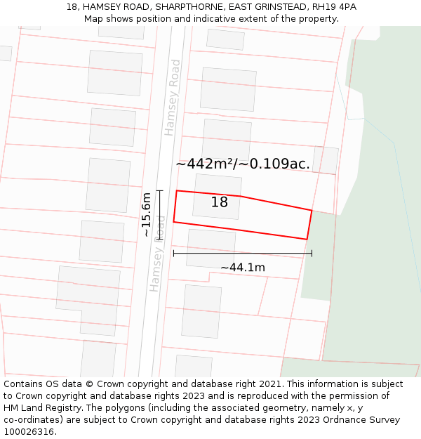 18, HAMSEY ROAD, SHARPTHORNE, EAST GRINSTEAD, RH19 4PA: Plot and title map