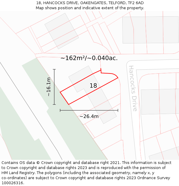 18, HANCOCKS DRIVE, OAKENGATES, TELFORD, TF2 6AD: Plot and title map