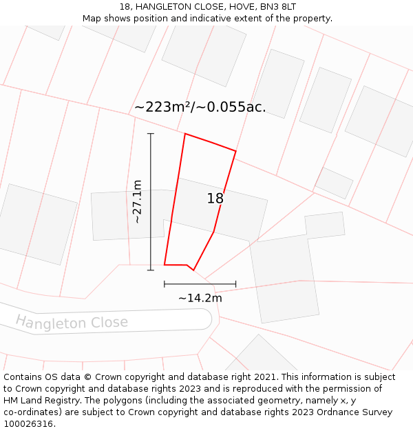18, HANGLETON CLOSE, HOVE, BN3 8LT: Plot and title map