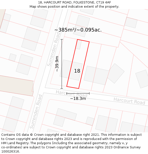 18, HARCOURT ROAD, FOLKESTONE, CT19 4AF: Plot and title map