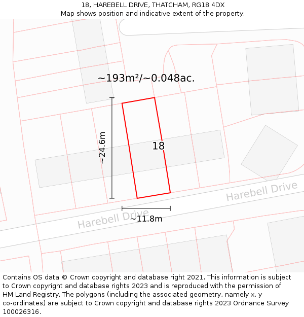 18, HAREBELL DRIVE, THATCHAM, RG18 4DX: Plot and title map