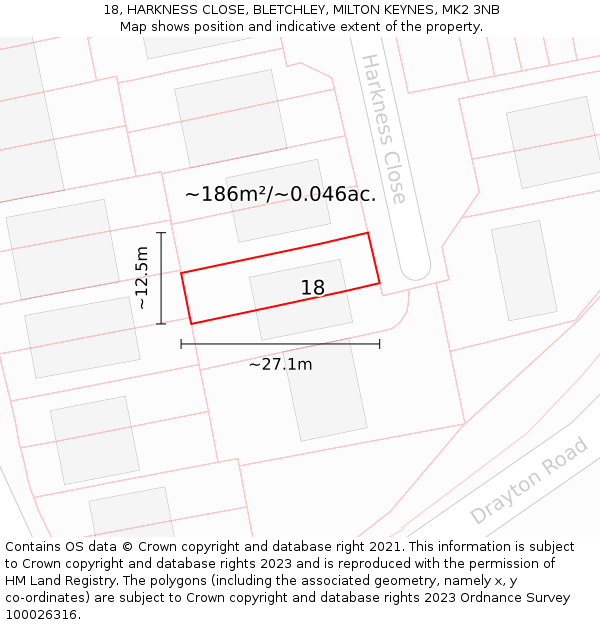 18, HARKNESS CLOSE, BLETCHLEY, MILTON KEYNES, MK2 3NB: Plot and title map