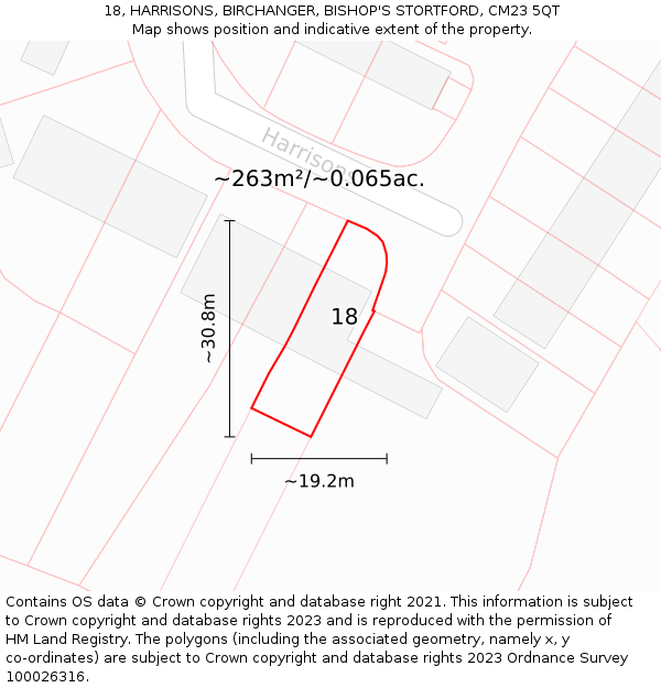 18, HARRISONS, BIRCHANGER, BISHOP'S STORTFORD, CM23 5QT: Plot and title map