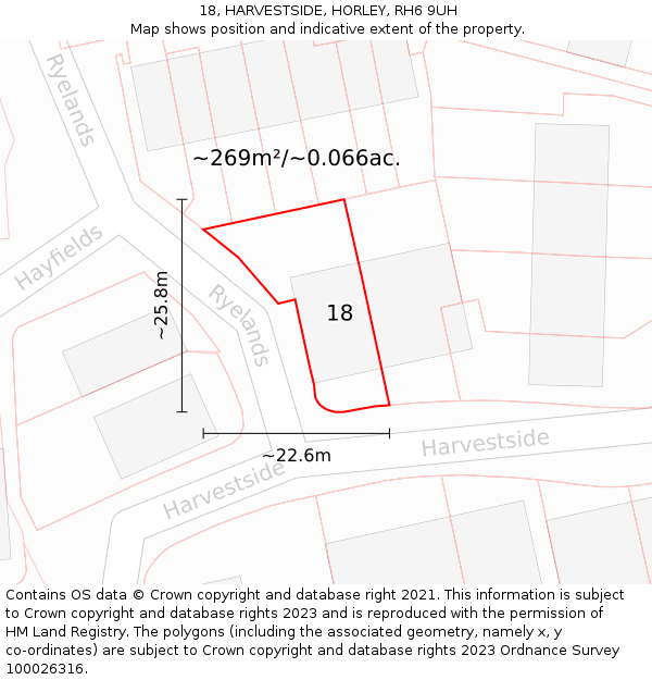 18, HARVESTSIDE, HORLEY, RH6 9UH: Plot and title map