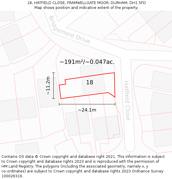 18, HATFIELD CLOSE, FRAMWELLGATE MOOR, DURHAM, DH1 5FD: Plot and title map