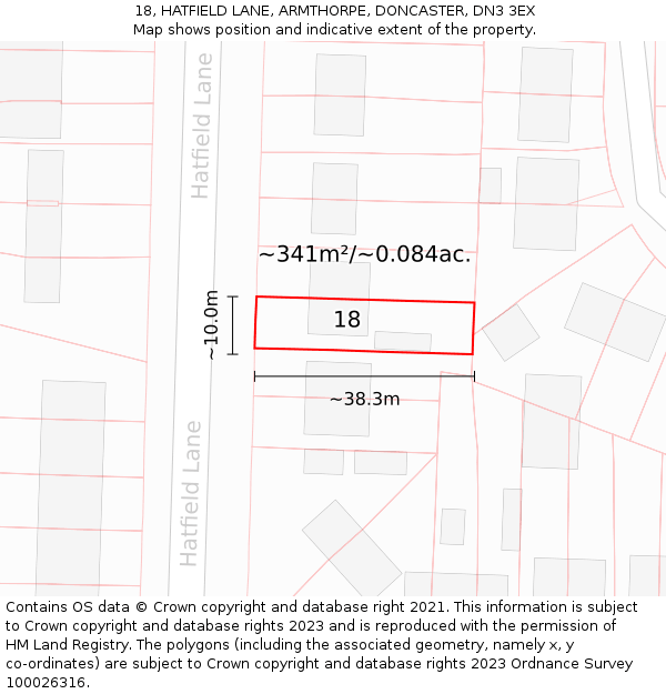 18, HATFIELD LANE, ARMTHORPE, DONCASTER, DN3 3EX: Plot and title map