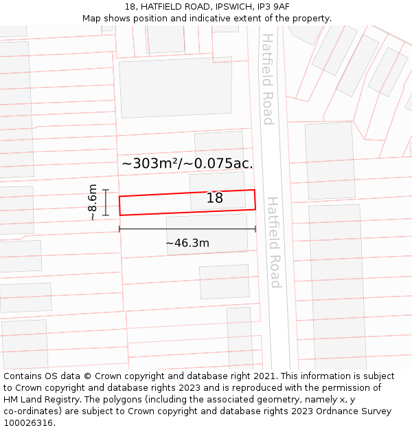 18, HATFIELD ROAD, IPSWICH, IP3 9AF: Plot and title map