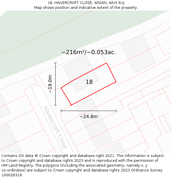 18, HAVERCROFT CLOSE, WIGAN, WN3 6UJ: Plot and title map