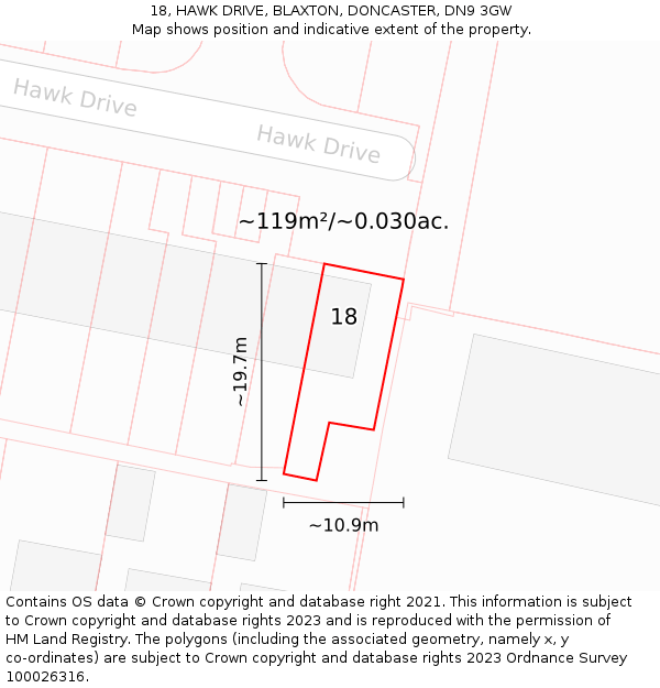 18, HAWK DRIVE, BLAXTON, DONCASTER, DN9 3GW: Plot and title map