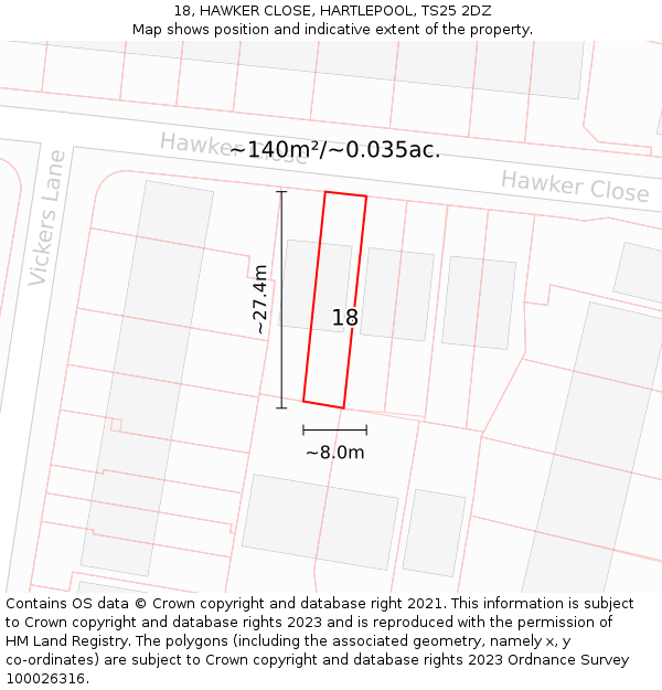18, HAWKER CLOSE, HARTLEPOOL, TS25 2DZ: Plot and title map