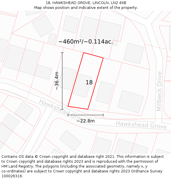 18, HAWKSHEAD GROVE, LINCOLN, LN2 4XB: Plot and title map