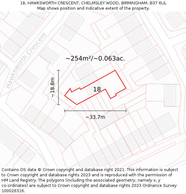 18, HAWKSWORTH CRESCENT, CHELMSLEY WOOD, BIRMINGHAM, B37 6UL: Plot and title map