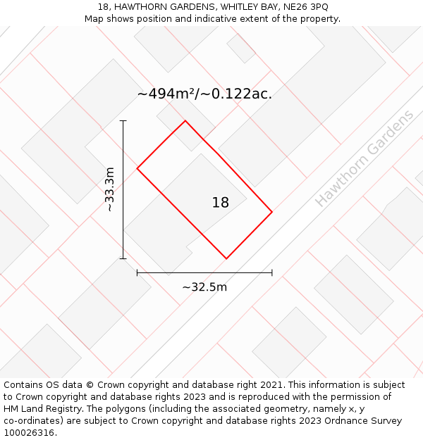 18, HAWTHORN GARDENS, WHITLEY BAY, NE26 3PQ: Plot and title map