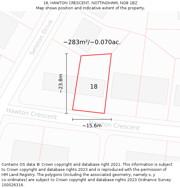 18, HAWTON CRESCENT, NOTTINGHAM, NG8 1BZ: Plot and title map
