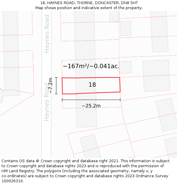 18, HAYNES ROAD, THORNE, DONCASTER, DN8 5HT: Plot and title map