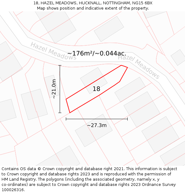 18, HAZEL MEADOWS, HUCKNALL, NOTTINGHAM, NG15 6BX: Plot and title map