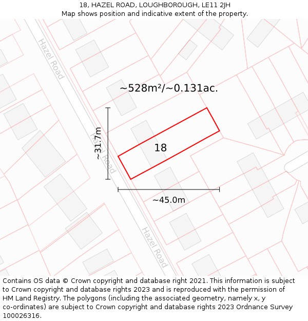 18, HAZEL ROAD, LOUGHBOROUGH, LE11 2JH: Plot and title map