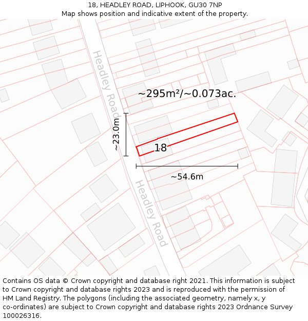 18, HEADLEY ROAD, LIPHOOK, GU30 7NP: Plot and title map