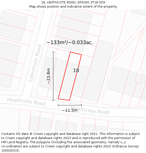 18, HEATHCOTE ROAD, EPSOM, KT18 5DX: Plot and title map