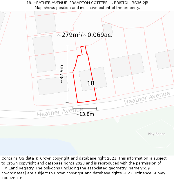18, HEATHER AVENUE, FRAMPTON COTTERELL, BRISTOL, BS36 2JR: Plot and title map
