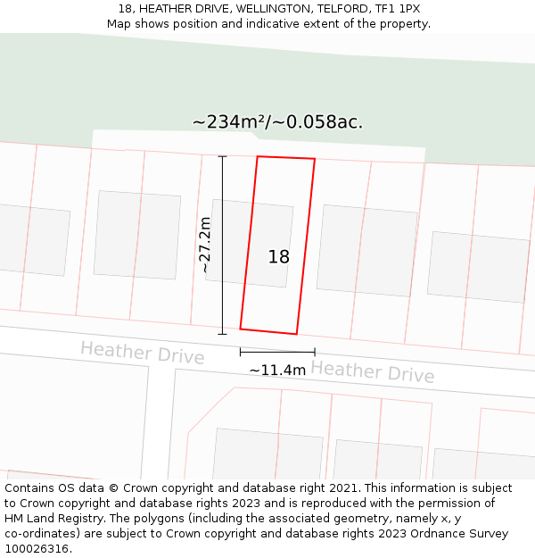 18, HEATHER DRIVE, WELLINGTON, TELFORD, TF1 1PX: Plot and title map