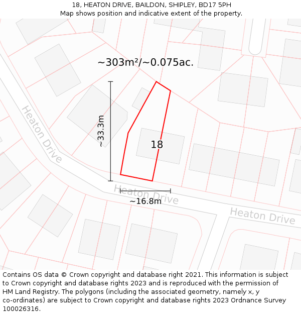 18, HEATON DRIVE, BAILDON, SHIPLEY, BD17 5PH: Plot and title map