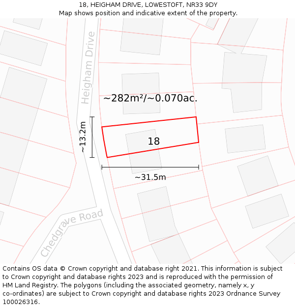 18, HEIGHAM DRIVE, LOWESTOFT, NR33 9DY: Plot and title map